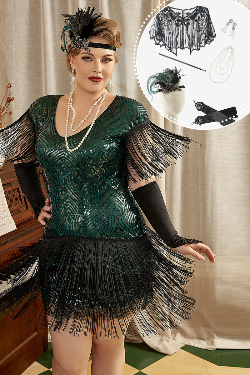 Laden Sie das Bild in den Galerie-Viewer, Grünes Übergröße 1920er Jahre Charleston Kleid mit 20er Jahre Zubehör Set