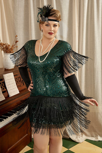 Grünes Übergröße 1920er Jahre Charleston Kleid mit 20er Jahre Zubehör Set