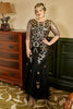 Laden Sie das Bild in den Galerie-Viewer, Schwarzes und goldenes Übergröße 1920er Jahre Gatsby Kleid mit 20er Jahre Zubehör Set