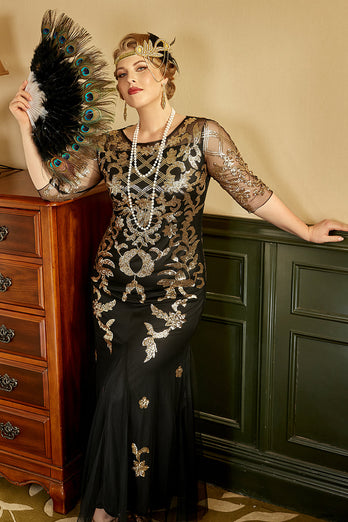 Schwarzes und goldenes Übergröße 1920er Jahre Gatsby Kleid mit 20er Jahre Zubehör Set