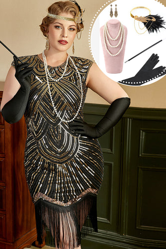 Goldene Pailletten Übergröße 1920er Jahre Gatsby Kleid mit 20er Jahre Zubehör Set