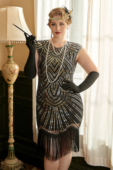 Goldene Pailletten Übergröße 1920er Jahre Gatsby Kleid mit 20er Jahre Zubehör Set