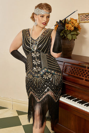 Schwarz Goldene Pailletten Übergröße 1920er Jahre Charleston Kleid mit 20er Jahre Zubehör Set