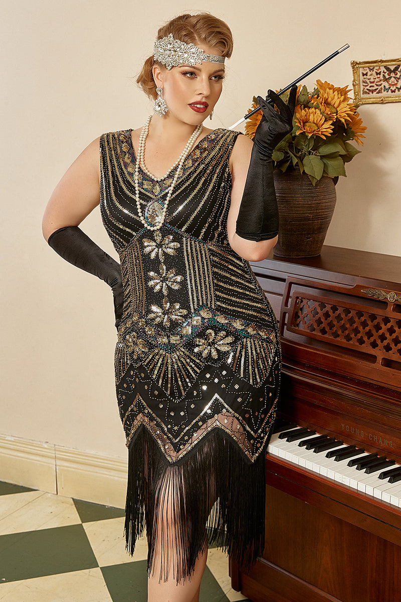 Laden Sie das Bild in den Galerie-Viewer, Schwarz Goldene Pailletten Übergröße 1920er Jahre Charleston Kleid mit 20er Jahre Zubehör Set
