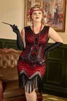 Laden Sie das Bild in den Galerie-Viewer, Rotes Übergröße 1920er Jahre Gatsby Kleid mit 20er Jahre Zubehör Set