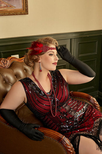 Rotes Übergröße 1920er Jahre Gatsby Kleid mit 20er Jahre Zubehör Set