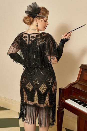 Schwarz Golden Cap Ärmel 1920er Jahre Charleston Kleid mit 20er Jahre Accessoires Set