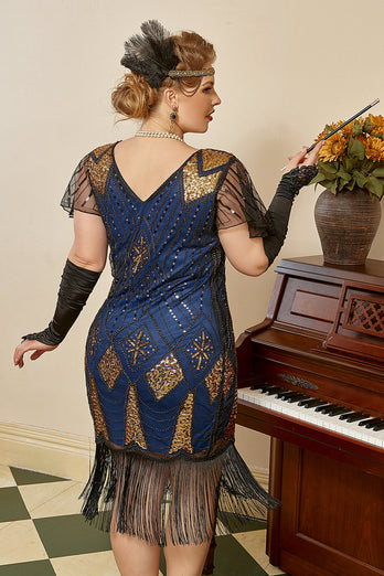 Königsblaues Übergröße 1920er Jahre Gatsby Kleid mit 20er Jahre Zubehör Set