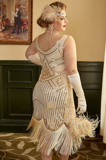 Apricot Übergröße 1920er Jahre Gatsby Kleid mit 20er Jahre Zubehör Set