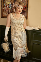 Laden Sie das Bild in den Galerie-Viewer, Apricot Übergröße 1920er Jahre Gatsby Kleid mit 20er Jahre Zubehör Set