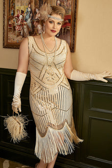 Apricot Übergröße 1920er Jahre Gatsby Kleid mit 20er Jahre Zubehör Set