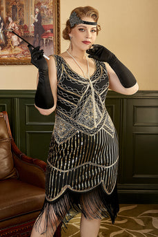 Schwarzes goldenes 1920er Übergröße Charleston Kleid mit 20er Jahren Accessoires Set