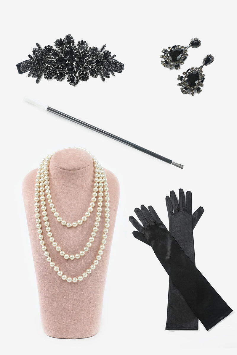 Laden Sie das Bild in den Galerie-Viewer, Schwarzes goldenes 1920er Übergröße Charleston Kleid mit 20er Jahren Accessoires Set