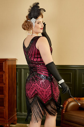 Fuchsia Pailletten 1920er Jahre Übergröße Charleston Kleid mit 20er Jahre Accessoires Set