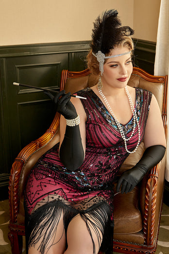 Fuchsia Pailletten 1920er Jahre Übergröße Charleston Kleid mit 20er Jahre Accessoires Set