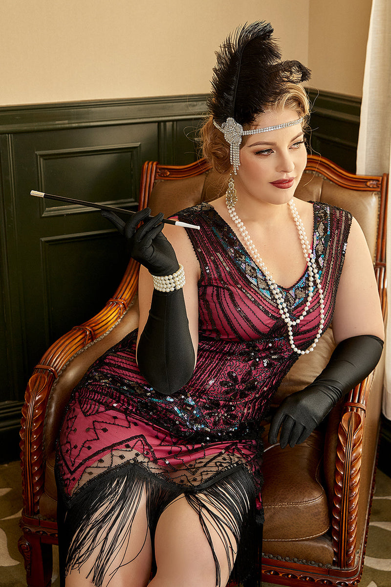 Laden Sie das Bild in den Galerie-Viewer, Fuchsia Pailletten 1920er Jahre Übergröße Charleston Kleid mit 20er Jahre Accessoires Set
