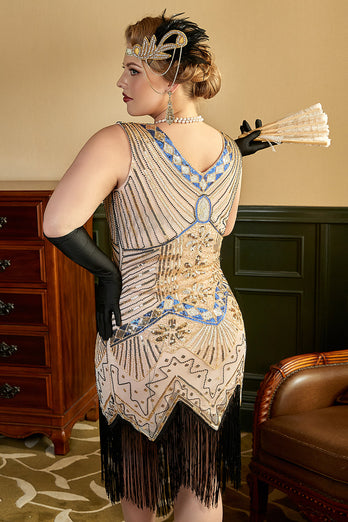 Apricot Pailletten 1920er Jahre Übergröße Charleston Kleid mit 20er Jahre Zubehör Set