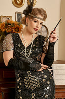 Laden Sie das Bild in den Galerie-Viewer, Schwarze Pailletten 1920er Jahre Flapper Übergröße Kleid mit 20er Jahre Accessoires Set