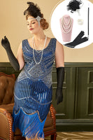 Laden Sie das Bild in den Galerie-Viewer, Königsblau Pailletten 1920er Jahre Übergröße Gatsby Kleid mit 20er Jahre Accessoires Set