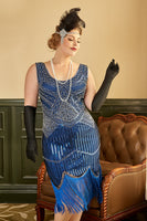 Laden Sie das Bild in den Galerie-Viewer, Königsblau Pailletten 1920er Jahre Übergröße Gatsby Kleid mit 20er Jahre Accessoires Set