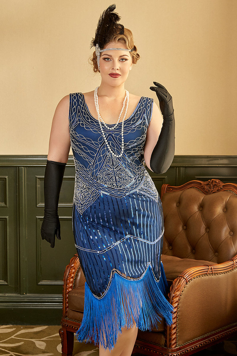 Laden Sie das Bild in den Galerie-Viewer, Königsblau Pailletten 1920er Jahre Übergröße Gatsby Kleid mit 20er Jahre Accessoires Set