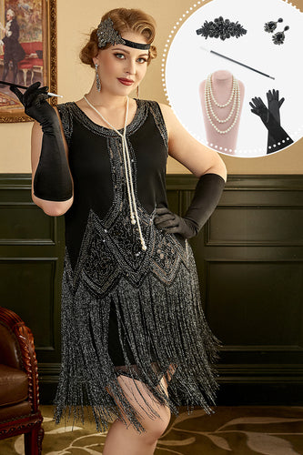 Schwarze Fransen 1920er Übergröße Gatsby Kleid mit 20er Jahre Accessoires Set