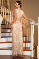 Laden Sie das Bild in den Galerie-Viewer, Helles khaki langes Gatsby Kleid aus den 1920er Jahren mit Pailletten und Accessoires