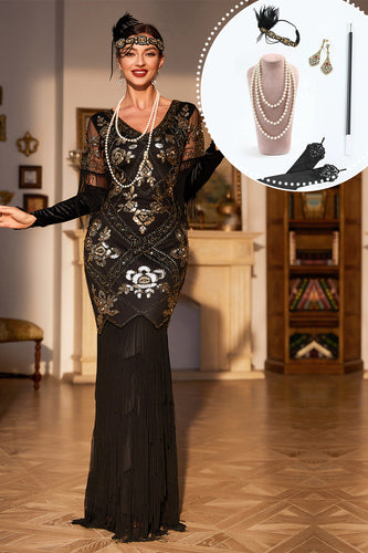 Schwarzes Pailletten Fransen Langes Gatsby Kleid aus den 1920er Jahren mit Accessoires