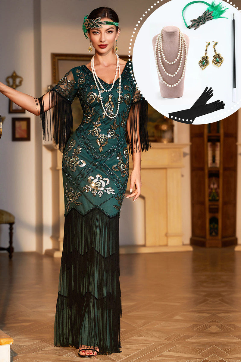 Laden Sie das Bild in den Galerie-Viewer, Dunkelgrünes Pailletten Fransen Langes Gatsby Kleid aus den 1920er Jahren mit Accessoires
