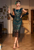 Laden Sie das Bild in den Galerie-Viewer, Dunkelgrünes paillettenbesetztes Gatsby Kleid aus den 1920er Jahren mit Fransen und Accessoires