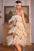 Laden Sie das Bild in den Galerie-Viewer, Glitzerndes Champagner Spaghettiträger Pailletten Kleid mit Fransen aus den 1920er Jahren mit Zubehör-Set