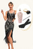 Laden Sie das Bild in den Galerie-Viewer, Glitzerndes schwarzes Pailletten fransen Asymmetrisches Gatsby Kleid aus den 1920er Jahren mit Accessoires