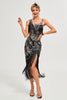 Laden Sie das Bild in den Galerie-Viewer, Glitzerndes schwarzes Pailletten fransen Asymmetrisches Gatsby Kleid aus den 1920er Jahren mit Accessoires