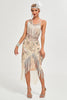 Laden Sie das Bild in den Galerie-Viewer, Glitzerndes champagner Pailletten fransen Asymmetrisches Gatsby Kleid aus den 1920er Jahren mit Accessoires