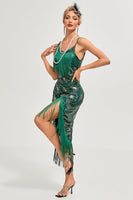 Laden Sie das Bild in den Galerie-Viewer, Glitzerndes dunkelgrünes Paillettenfransen Asymmetrisches Gatsby Kleid aus den 1920er Jahren mit Accessoires