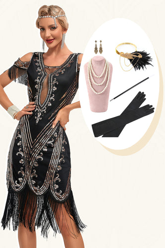 Glitzer schwarze Pailletten Fransen 1920er Jahre Gatsby Kleid mit Accessoires Set