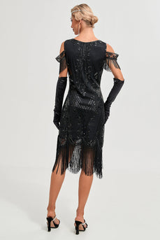 Glitzer Schwarzes Kalte Schulter Pailletten Fransen 1920er Jahre Gatsby Kleid mit Accessoires Set