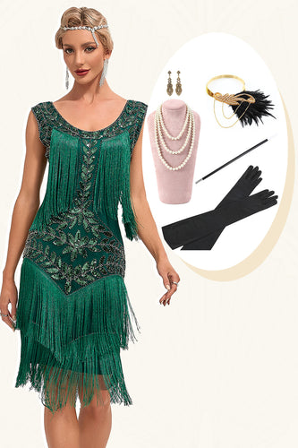 Dunkelgrünes Pailletten Fransen Set Great Gatsby Kleid mit Accessoires