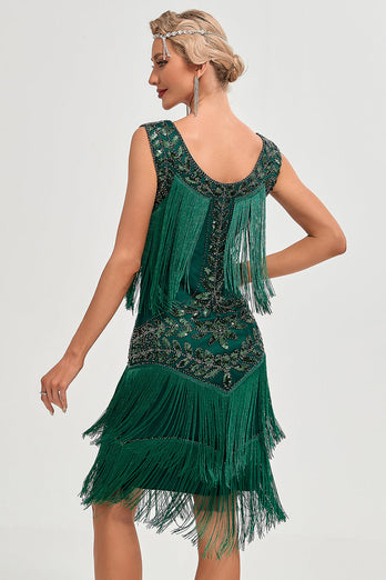 Dunkelgrünes Pailletten Fransen Set Great Gatsby Kleid mit Accessoires