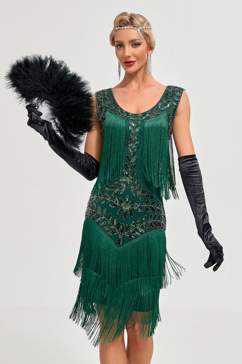 Laden Sie das Bild in den Galerie-Viewer, Dunkelgrünes Pailletten Fransen Set Great Gatsby Kleid mit Accessoires