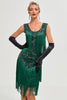 Laden Sie das Bild in den Galerie-Viewer, Dunkelgrünes Pailletten Fransen Set Great Gatsby Kleid mit Accessoires