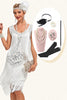 Laden Sie das Bild in den Galerie-Viewer, Weißes Pailletten Fransen Flapper Kleid mit Accessoires