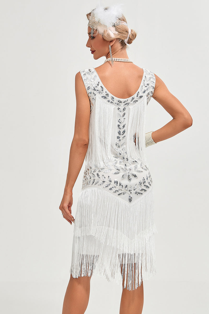 Laden Sie das Bild in den Galerie-Viewer, Weißes Pailletten Fransen Flapper Kleid mit Accessoires