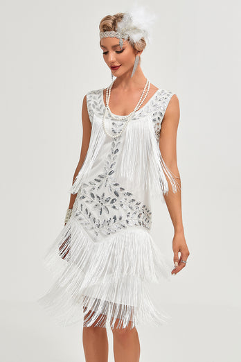 Weißes Pailletten Fransen Flapper Kleid mit Accessoires