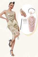 Laden Sie das Bild in den Galerie-Viewer, Champagner Glitzer Fransen Gatsby-Kleid mit Accessoires Set