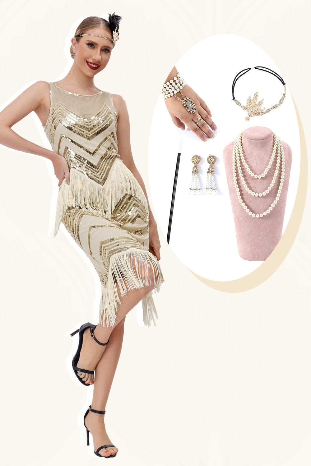 Champagner Glitzer Fransen Gatsby-Kleid mit Accessoires Set