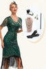 Laden Sie das Bild in den Galerie-Viewer, Perlen Dunkelgrünes Glitzer Fransen Flapper Kleid mit Accessoires Set