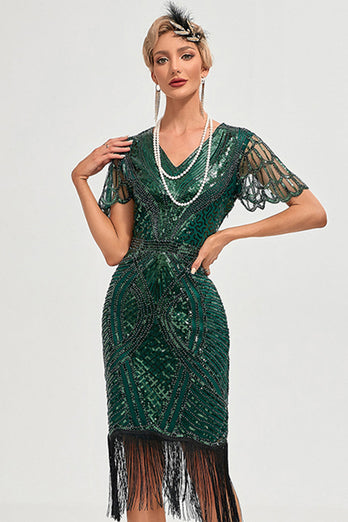 Perlen Dunkelgrünes Glitzer Fransen Flapper Kleid mit Accessoires Set