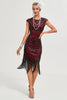 Laden Sie das Bild in den Galerie-Viewer, Burgunderrotes Fransen Glitzer Flapper Kleid mit Accessoires