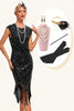 Laden Sie das Bild in den Galerie-Viewer, Schwarzes ärmelloses Kleid mit Glitzerfransen aus den 1920er Jahren und Accessoires